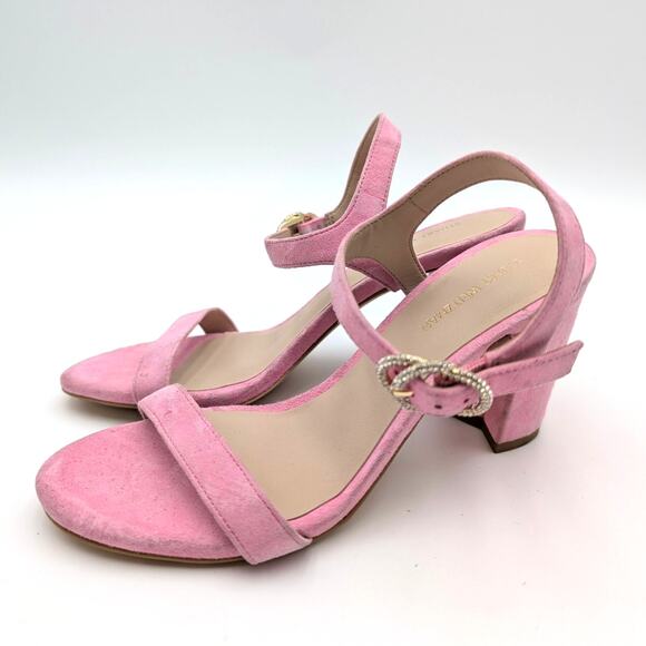 Stuart Weitzman Crystal Buckle 75 Block Heel Sandals Pink Size US5.5 EU36 - Picture 1 of 12